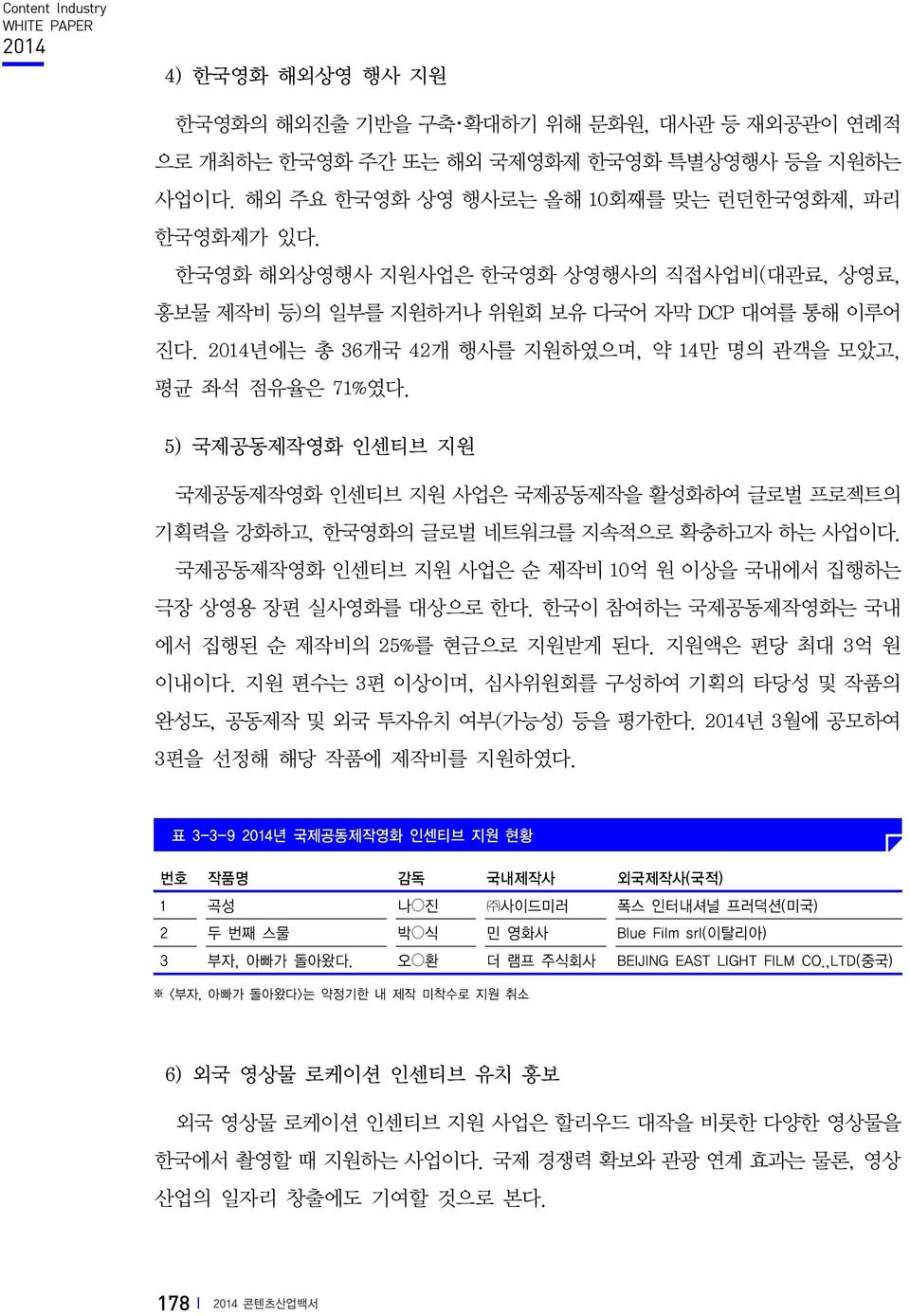 2014년에는 총 36개국 42개 행사를 지원하였으며, 약 14만 명의 관객을 모았고, 평균 좌석 점유율은 71%였다. 5) 국제공동제작영화 인센티브 지원 국제공동제작영화 인센티브 지원 사업은 국제공동제작을 활성화하여 글로벌 프로젝트의 기획력을 강화하고, 한국영화의 글로벌 네트워크를 지속적으로 확충하고자 하는 사업이다.