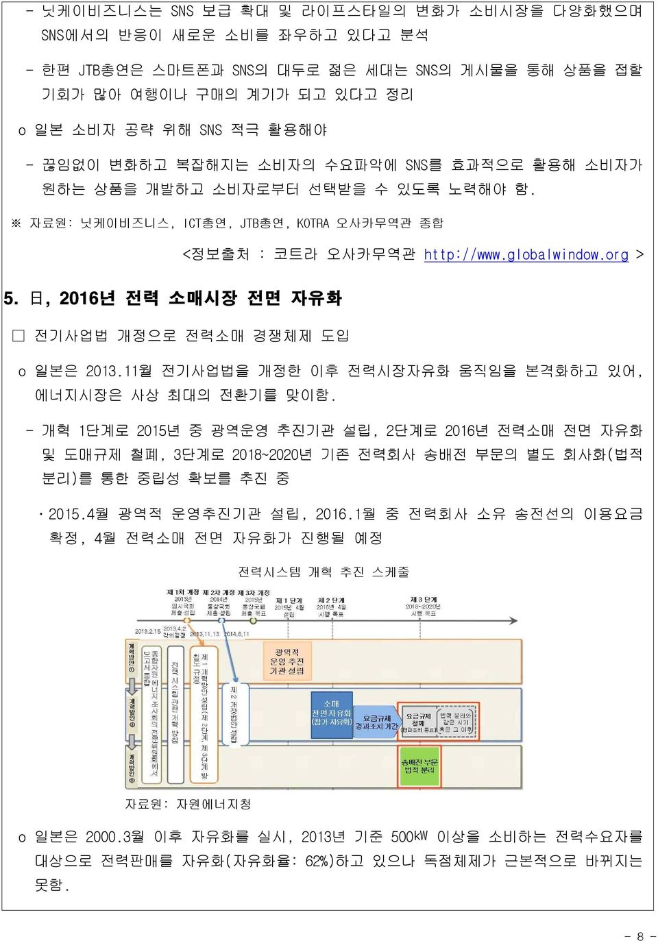 日, 2016년 전력 소매시장 전면 자유화 전기사업법 개정으로 전력소매 경쟁체제 도입 o 일본은 2013.11월 전기사업법을 개정한 이후 전력시장자유화 움직임을 본격화하고 있어, 에너지시장은 사상 최대의 전환기를 맞이함.