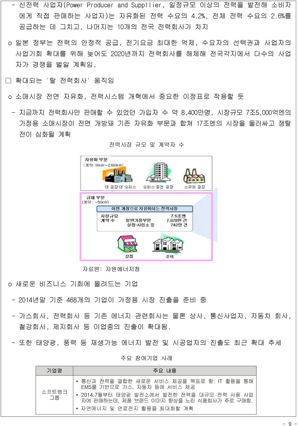 확대되는 '탈 전력회사' 움직임 o 소매시장 전면 자유화, 전력시스템 개혁에서 중요한 이정표로 작용할 듯 - 지금까지 전력회사만 판매할 수 있었던 가입자 수 약 8,400만명, 시장규모 7조5,000억엔의 가정용 소매시장이 전면 개방돼 기존 자유화 부문과 합쳐 17조엔의 시장을 둘러싸고 쟁탈 전이 심화될 계획 전력시장 규모 및 계약자 수 자료원: