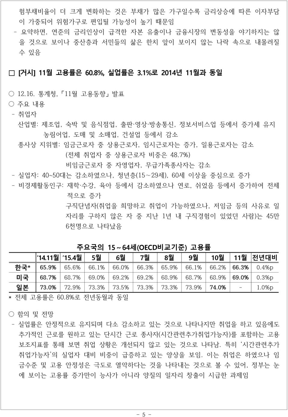 통계청, 11월 고용동향 발표 - 취업자 산업별: 제조업, 숙박 및 음식점업, 출판 영상 방송통신, 정보서비스업 등에서 증가세 유지 농림어업, 도매 및 소매업, 건설업 등에서 감소 종사상 지위별: 임금근로자 중 상용근로자, 임시근로자는 증가, 일용근로자는 감소 (전체 취업자 중 상용근로자 비중은 48.