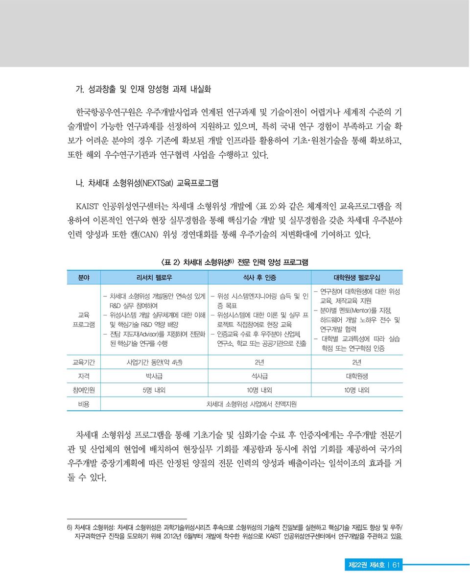 <표 2> 차세대 소형위성 6) 전문 인력 양성 프로그램 분야 리서치 펠로우 석사 후 인증 대학원생 펠로우십 교육 프로그램 - 차세대 소형위성 개발동안 연속성 있게 R&D 실무 참여하여 - 위성시스템 개발 실무체계에 대한 이해 및 핵심기술 R&D 역량 배양 - 전담 지도자(Advisor)를 지정하여 전문화 된 핵심기술 연구를 수행 - 위성 시스템엔지니어링