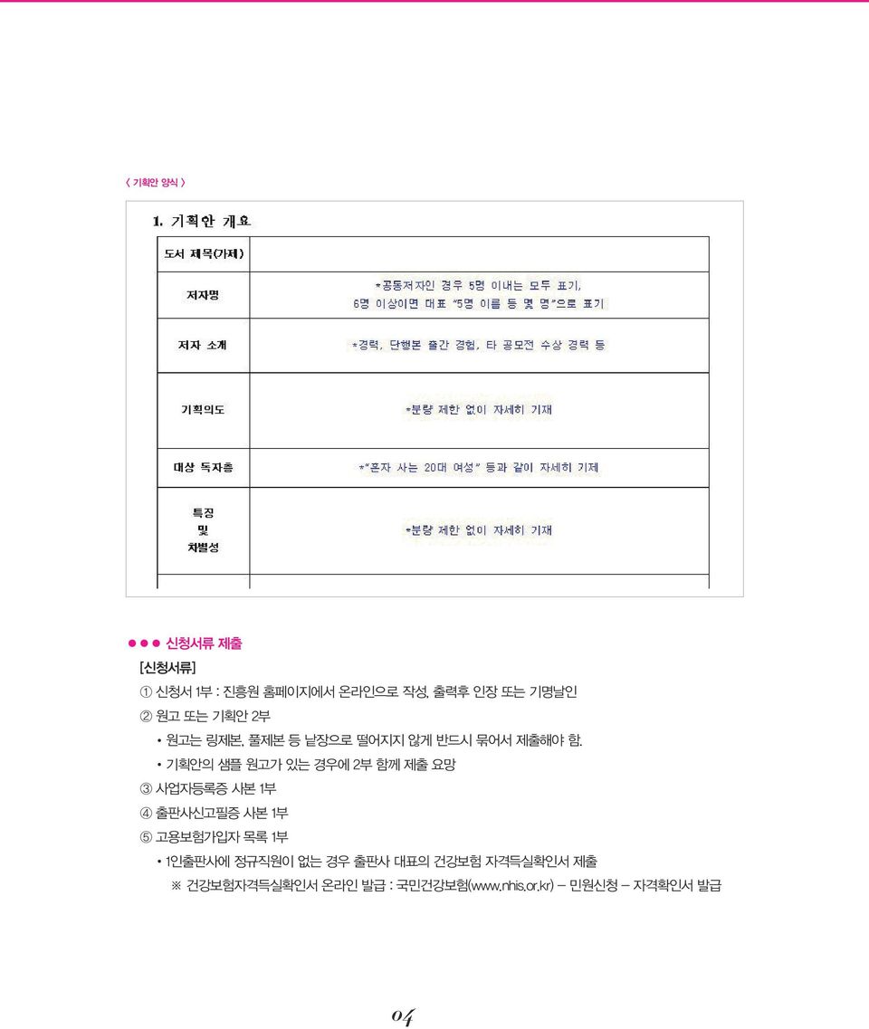 기획안의 샘플 원고가 있는 경우에 2부 함께 제출 요망 3 사업자등록증 사본 1부 4 출판사신고필증 사본 1부 5 고용보험가입자 목록 1부