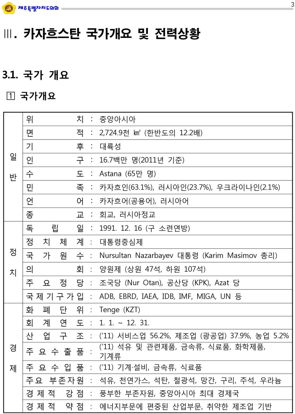 16 (구 소련연방) 정 치 정 치 체 계 : 대통령중심제 국 가 원 수 : Nursultan Nazarbayev 대통령 (Karim Masimov 총리) 의 회 : 양원제 (상원 47석, 하원 107석) 주 요 정 당 : 조국당 (Nur Otan), 공산당 (KPK), Azat 당 국 제 기 구 가 입 : ADB, EBRD, IAEA,