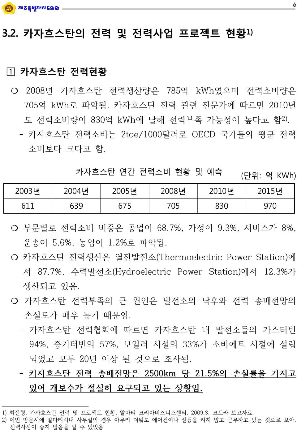 6%, 농업이 1.2%로 파악됨. 카자흐스탄 전력생산은 열전발전소(Thermoelectric Power Station)에 서 87.7%, 수력발전소(Hydroelectric Power Station)에서 12.3%가 생산되고 있음. 카자흐스탄 전력부족의 큰 원인은 발전소의 낙후와 전력 송배전망의 손실도가 매우 높기 때문임.