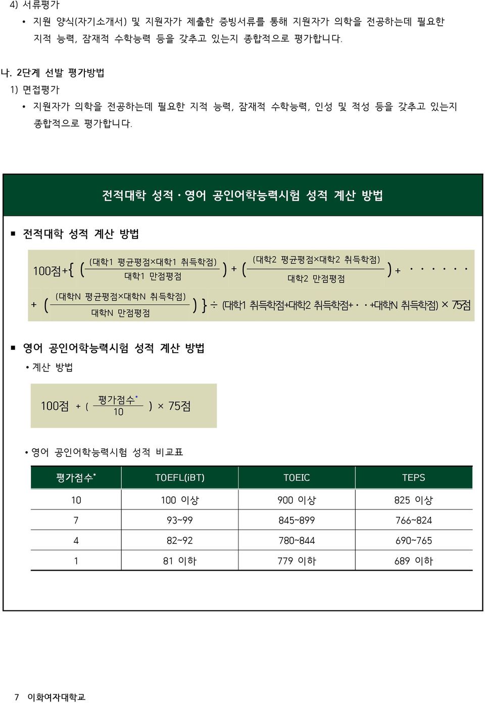 전적대학 성적 영어 공인어학능력시험 성적 계산 방법 전적대학 성적 계산 방법 100점+{ ( (대학1 평균평점 대학1 취득학점) ) + ( (대학2 평균평점 대학2 취득학점) ) + 대학1 만점평점 대학2 만점평점 + ( (대학N 평균평점 대학N 취득학점) )