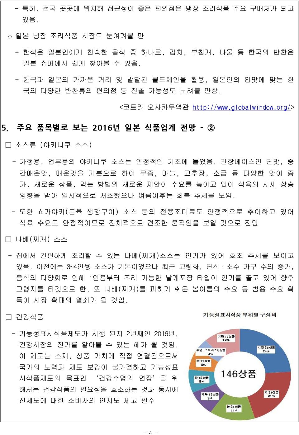 주요 품목별로 보는 2016년 일본 식품업계 전망 - 2 소스류 (야키니쿠 소스) - 가정용, 업무용의 야키니쿠 소스는 안정적인 기조에 들었음. 간장베이스인 단맛, 중 간매운맛, 매운맛을 기본으로 하여 무즙, 마늘, 고추장, 소금 등 다양한 맛이 증 가.