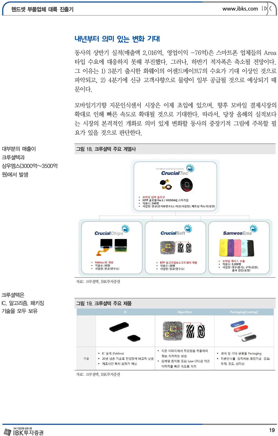 모바일기기향 지문인식센서 시장은 이제 초입에 있으며, 향후 모바일 결제시장의 확대로 인해 빠른 속도로 확대될 것으로 기대한다.