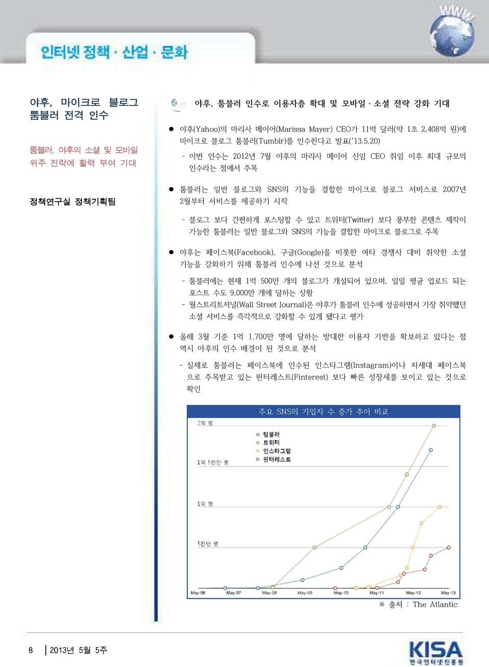 일반 블로그와 SNS의 기능을 결합한 마이크로 블로그로 주목 야후는 페이스북(Facebook), 구글(Googe)을 비롯한 여타 경쟁사 대비 취약한 소셜 기능을 강화하기 위해 툼블러 인수에 나선 것으로 분석 툼블러에는 현재 1억 500만 개의 블로그가 개설되어 있으며, 일일 평균 업로드 되는 포스트 수도 9,000만 개에 달하는 상황 월스트리트저널(Wa