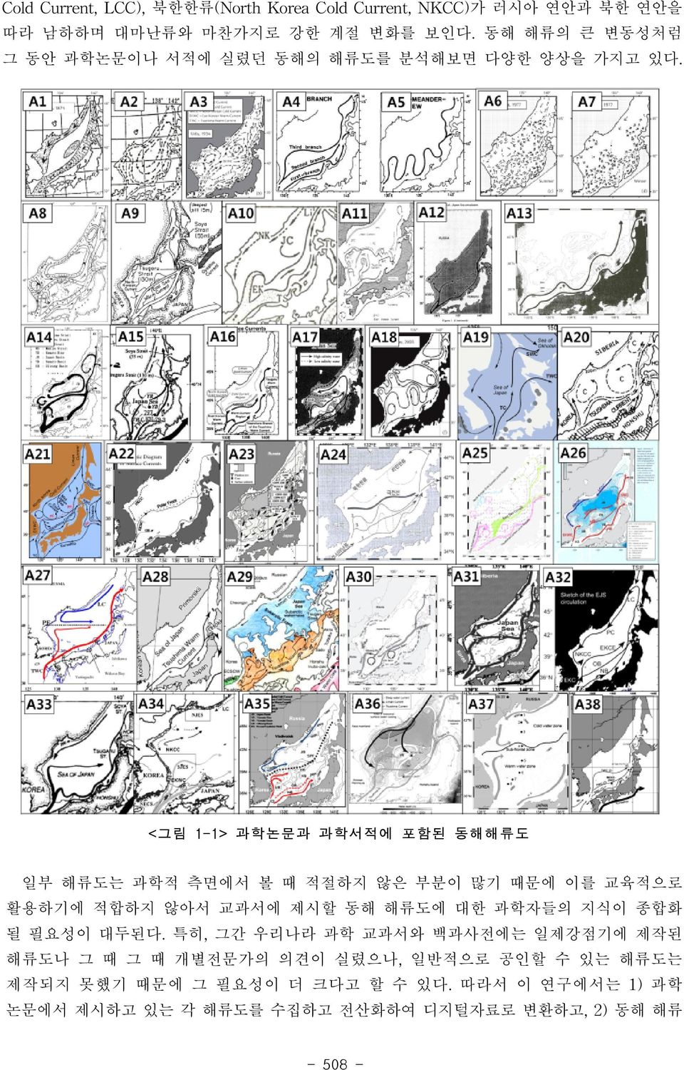 <그림 1-1> 과학논문과 과학서적에 포함된 동해해류도 일부 해류도는 과학적 측면에서 볼 때 적절하지 않은 부분이 많기 때문에 이를 교육적으로 활용하기에 적합하지 않아서 교과서에 제시할 동해 해류도에 대한 과학자들의 지식이 종합화