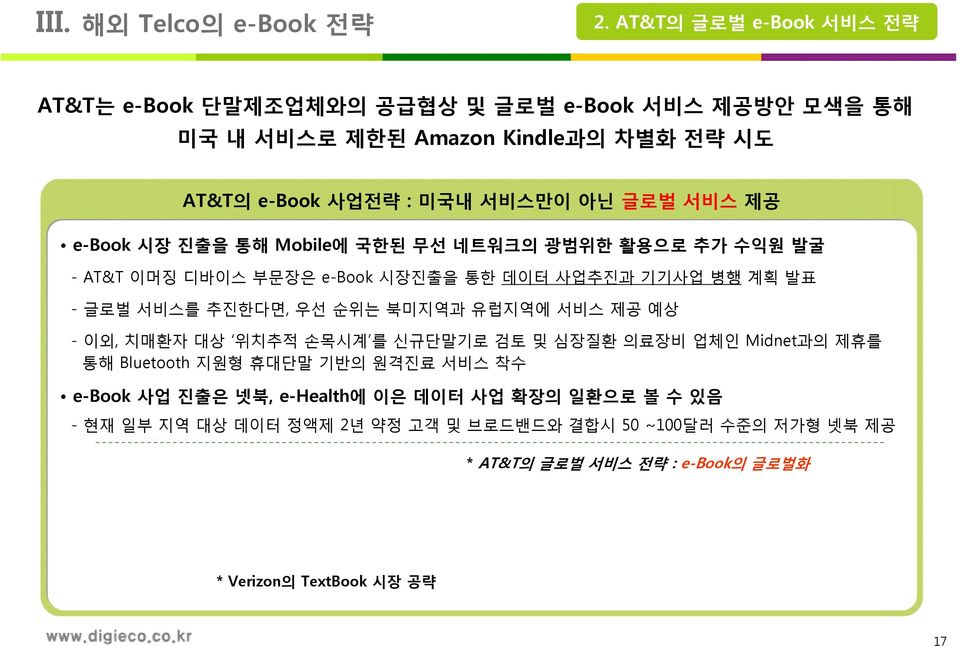 제공 e-book 시장 진출을 통해 Mobile에 국한된 무선 네트워크의 광범위한 활용으로 추가 수익원 발굴 - AT&T 이머징 디바이스 부문장은 e-book 시장진출을 통한 데이터 사업추진과 기기사업 병행 계획 발표 - 글로벌 서비스를 추진한다면, 우선 순위는 북미지역과 유럽지역에