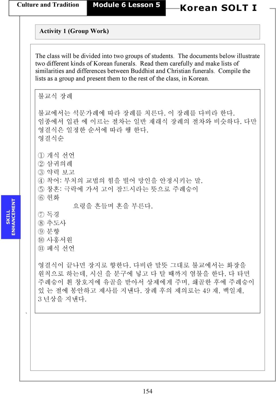 불교식 장례 불교에서는 석문가례에 따라 장례를 치른다. 이 장례를 다비라 한다. 임종에서 입관 에 이르는 절차는 일반 재래식 장례의 절차와 비슷하다. 다만 영결식은 일정한 순서에 따라 행 한다. 영결식순 SKILL ENHANCEMENT 1 개식 선언 2 삼귀의례 3 약력 보고 4 착어: 부처의 교법의 힘을 빌어 망인을 안정시키는 말.