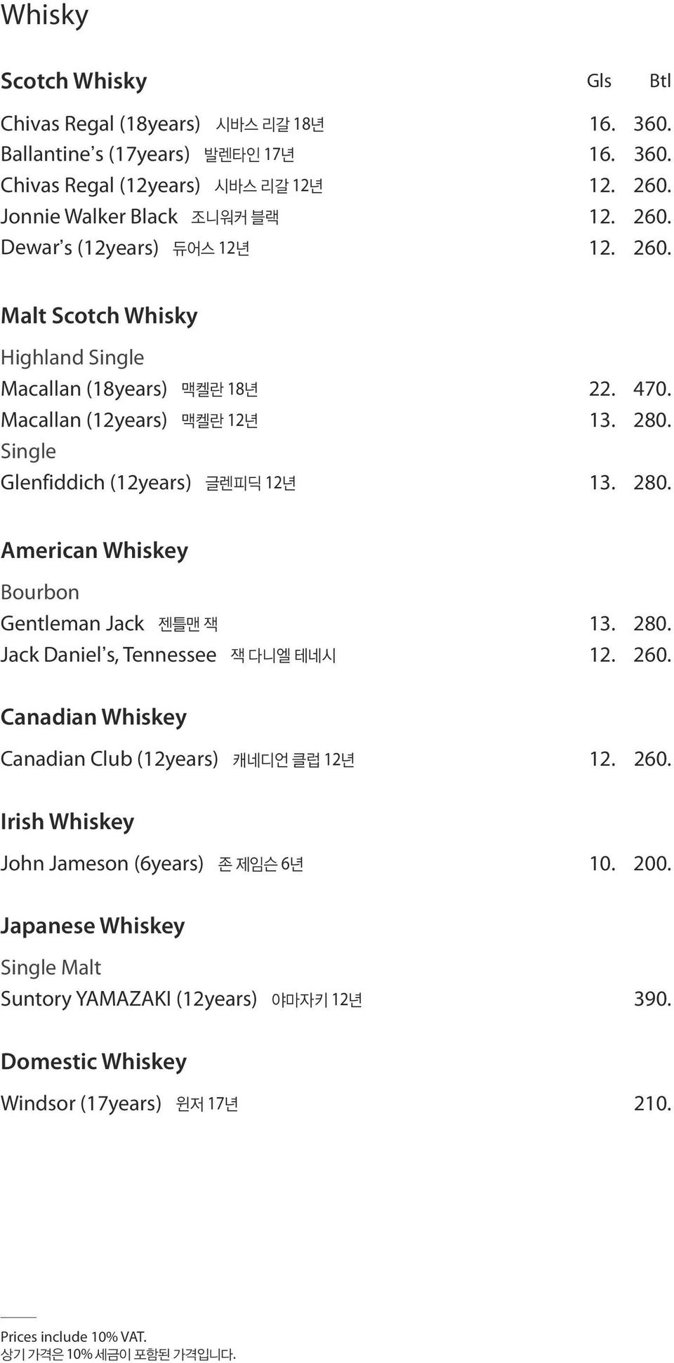 Single Glenfiddich (12years) 12 13. 280. American Whiskey Bourbon Gentleman Jack 13. 280. Jack Daniel s, Tennessee 12. 260.