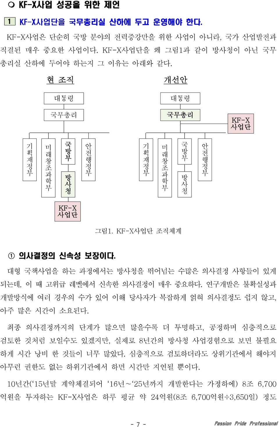 대형 국책사업을 하는 과정에서는 방사청을 뛰어넘는 수많은 의사결정 사항들이 있게 되는데, 이 때 고위급 레벨에서 신속한 의사결정이 매우 중요하다. 연구개발은 불확실성과 개발방식에 여러 경우의 수가 있어 이해 당사자가 복잡하게 얽혀 의사결정도 쉽지 않고, 아주 많은 시간이 소요된다.