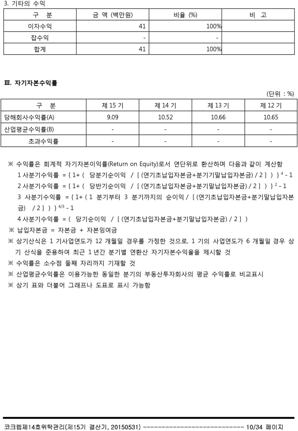 /[(연기초납입자본금+분기말납입자본금)/2])} 2-1 3 사분기수익률 ={1+(1 분기부터 3 분기까지의 순이익/[(연기초납입자본금+분기말납입자본 금) /2])} 4/3-1 4 사분기수익률 =( 당기순이익 /[(연기초납입자본금+분기말납입자본금) / 2]) 납입자본금 = 자본금 + 자본잉여금 상기산식은 1 기사업연도가 12