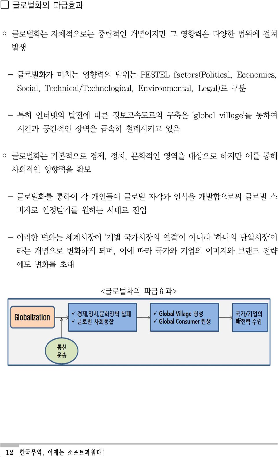 있음 글로벌화는 기본적으로 경제, 정치, 문화적인 영역을 대상으로 하지만 이를 통해 사회적인 영향력을 확보 - 글로벌화를 통하여 각 개인들이 글로벌 자각과 인식을 개발함으로써 글로벌 소 비자로 인정받기를 원하는 시대로 진입