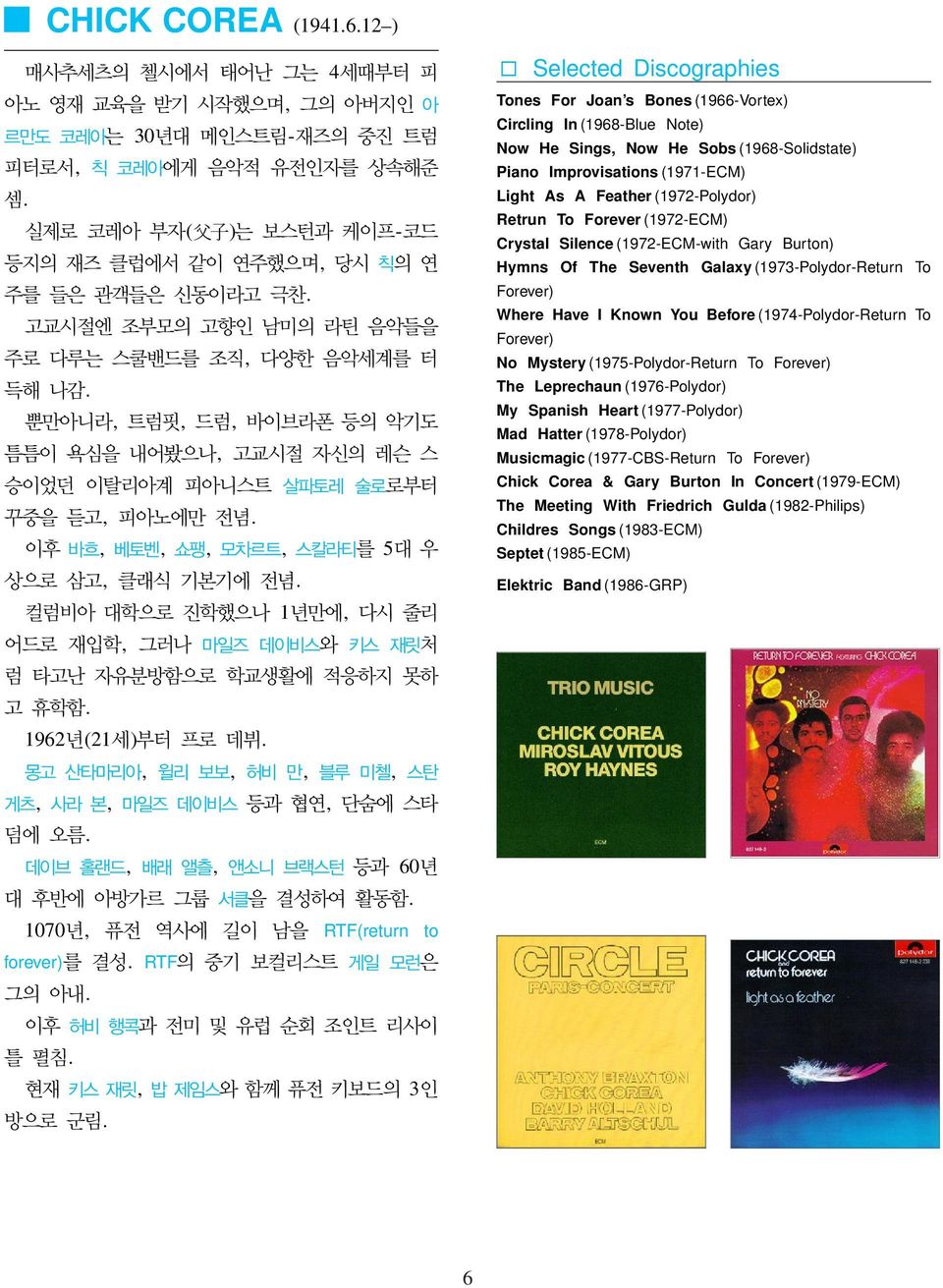 Selected Discographies Tones For Joan s Bones (1966-Vortex) Circling In (1968-Blue Note) Now He Sings, Now He Sobs (1968-Solidstate) Piano Improvisations (1971-ECM) Light As A Feather (1972-Polydor)