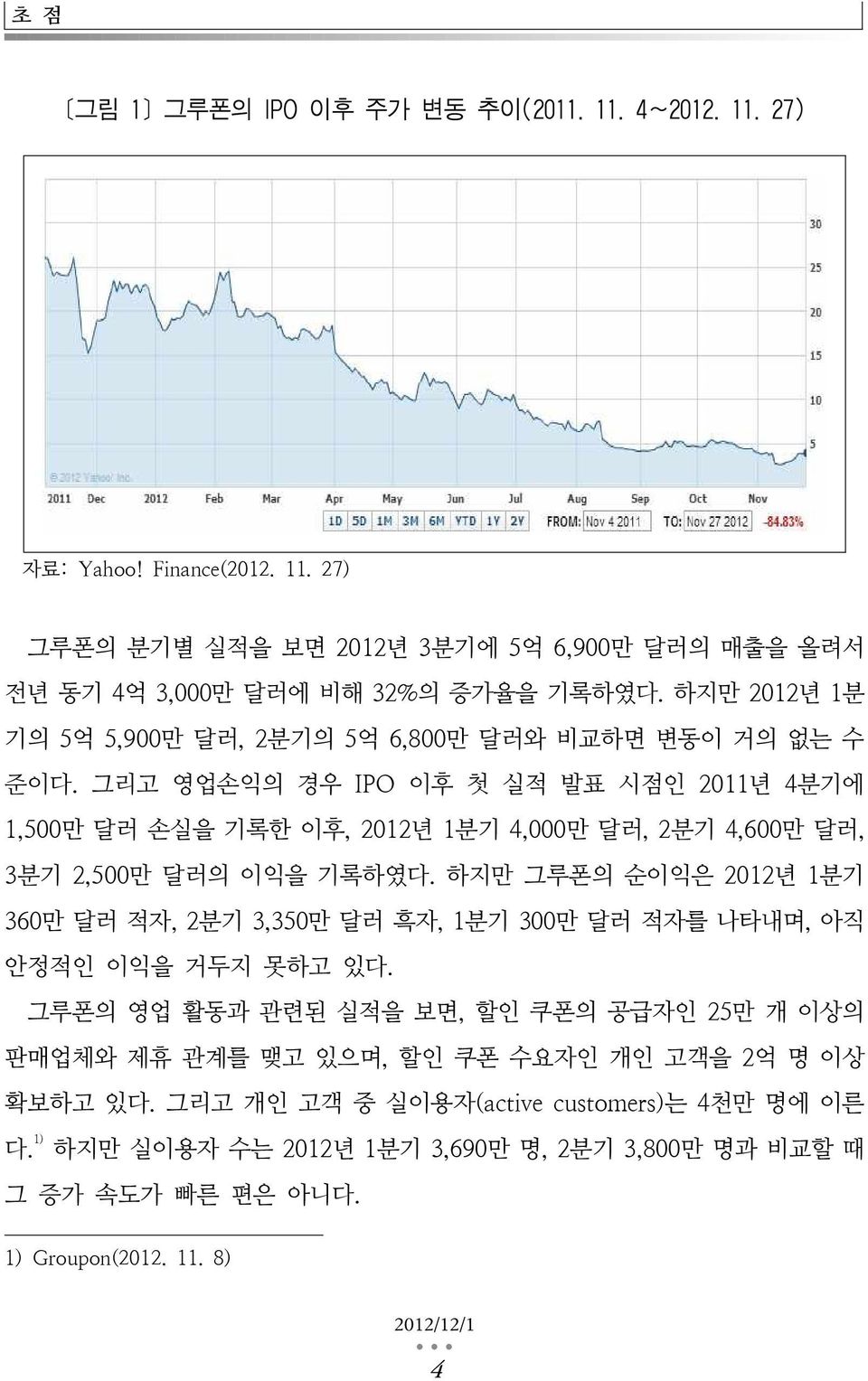 그리고 영업손익의 경우 IPO 이후 첫 실적 발표 시점인 2011년 4분기에 1,500만 달러 손실을 기록한 이후, 2012년 1분기 4,000만 달러, 2분기 4,600만 달러, 3분기 2,500만 달러의 이익을 기록하였다.