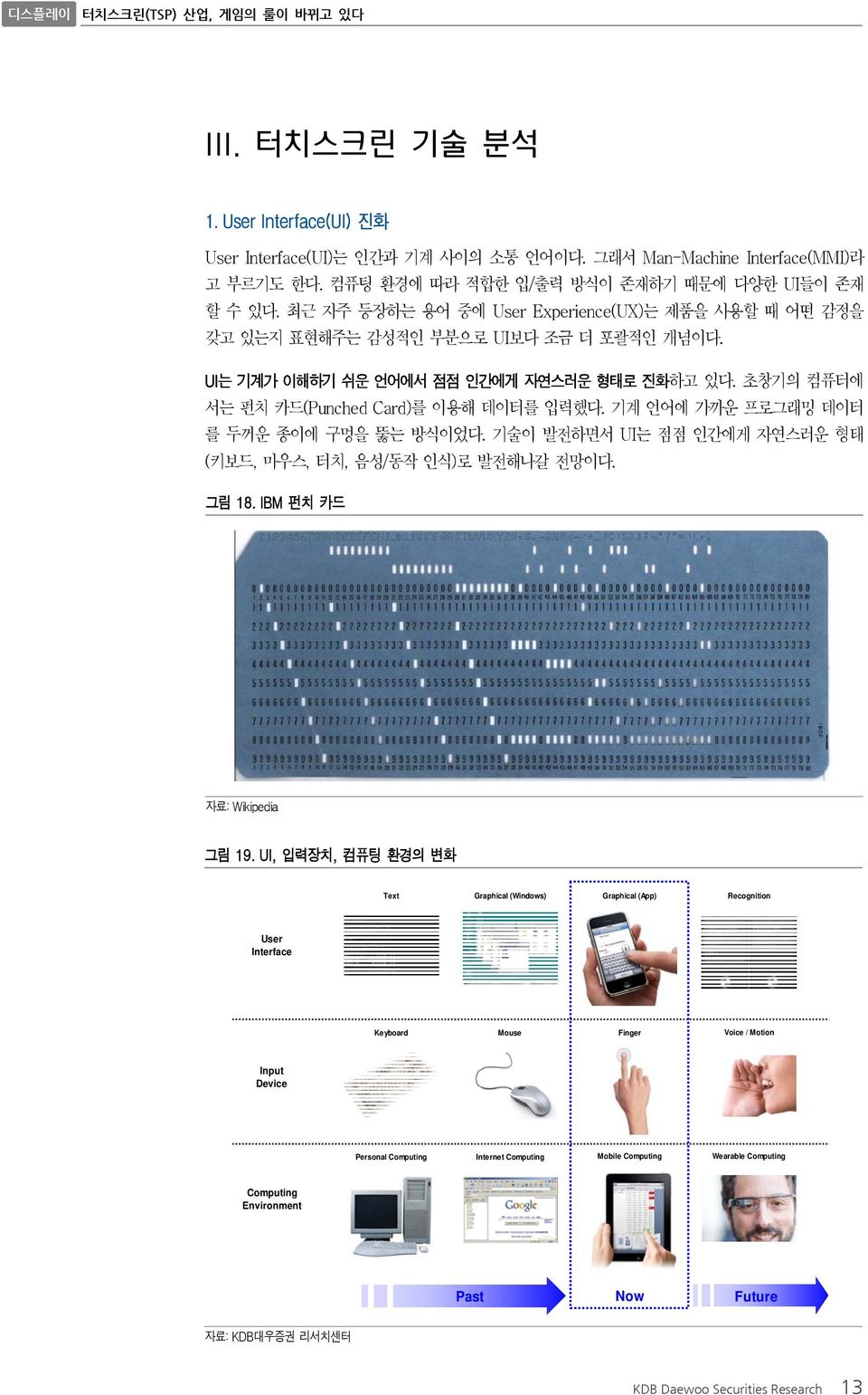 기계 언어에 가까운 프로그래밍 데이터 를 두꺼운 종이에 구멍을 뚫는 방식이었다. 기술이 발전하면서 UI는 점점 인간에게 자연스러운 형태 (키보드, 마우스, 터치, 음성/동작 인식)로 발전해나갈 전망이다. 그림 18. IBM 펀치 카드 자료: Wikipedia 그림 19.