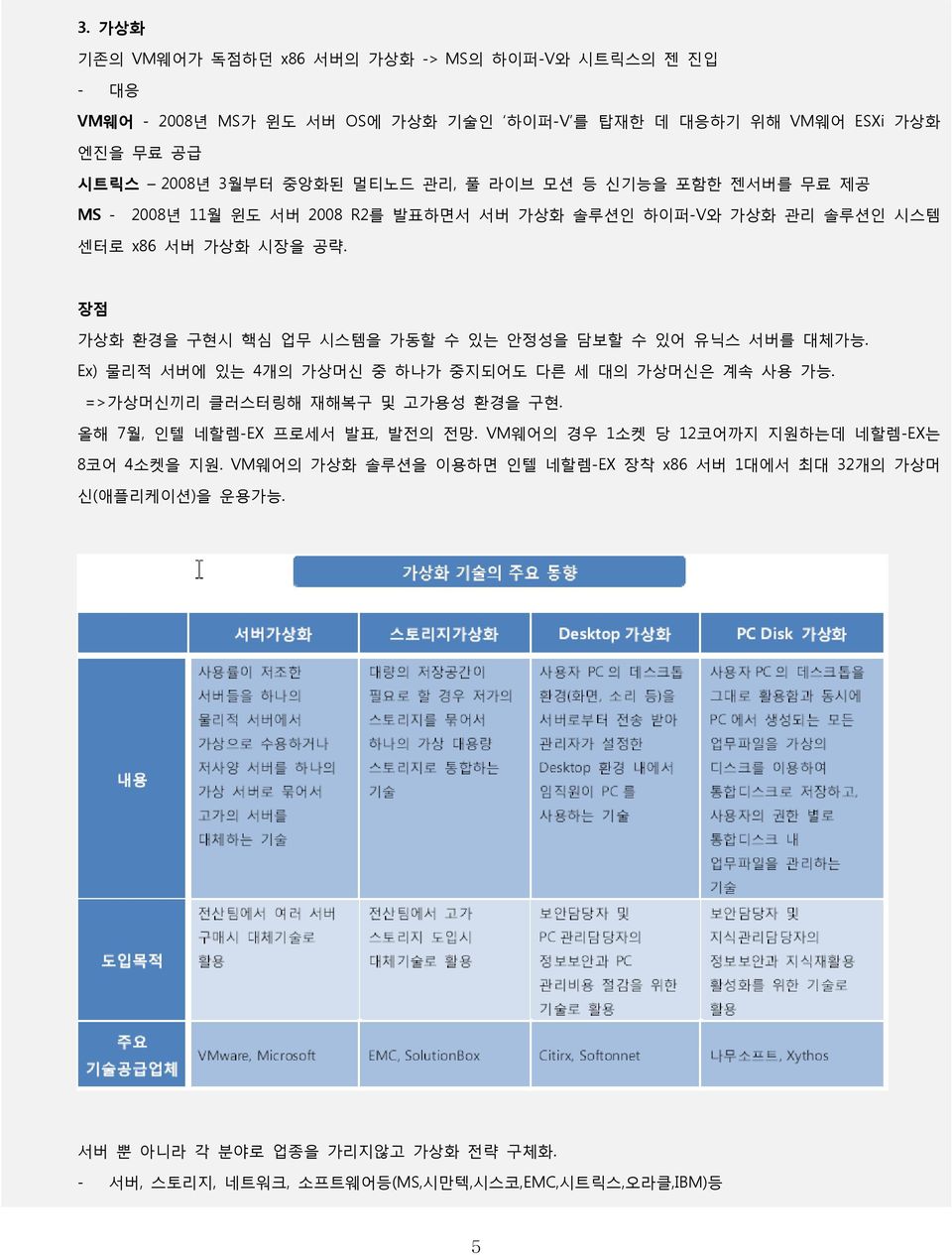 장점 가상화 홖경을 구현시 핵심 업무 시스텐을 가동할 수 있는 앆정성을 담보할 수 있어 유닉스 서버를 대체가능. Ex) 물리적 서버에 있는 4개의 가상머싞 중 하나가 중지되어도 다른 세 대의 가상머싞은 계속 사용 가능. =>가상머싞끼리 클러스터링해 재해복구 및 고가용성 홖경을 구현.