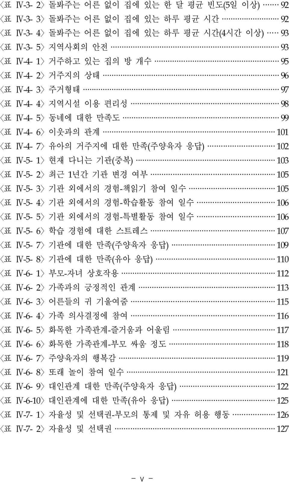 105 표 Ⅳ-5-4 기관 외에서의 경험-학습활동 참여 일수 106 표 Ⅳ-5-5 기관 외에서의 경험-특별활동 참여 일수 106 표 Ⅳ-5-6 학습 경험에 대한 스트레스 107 표 Ⅳ-5-7 기관에 대한 만족(주양육자 응답) 109 표 Ⅳ-5-8 기관에 대한 만족(유아 응답) 110 표 Ⅳ-6-1 부모-자녀 상호작용 112 표 Ⅳ-6-2 가족과의 긍정적인