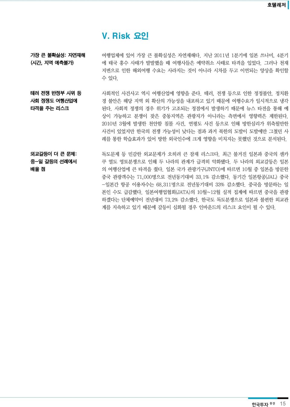 사회적 정쟁의 경우 위기가 고조되는 정점에서 발생하기 때문에 뉴스 타전을 통해 예 상이 가능하고 분쟁이 잦은 중동지역은 관광지가 아니라는 측면에서 영향력은 제한된다.