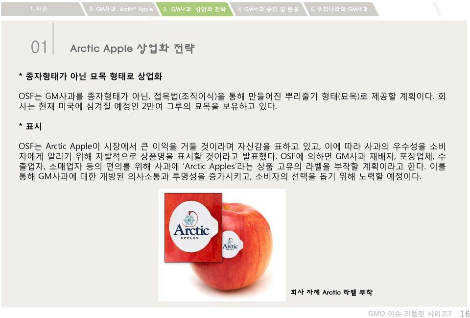 *표시 OSF는 Arctic Apple이 시장에서 큰 이익을 거둘 것이라며 자신감을 표하고 있고, 이에 따라 사과의 우수성을 소비 자에게 알리기 위해 자발적으로 상품명을 표시할 것이라고 발표했다.