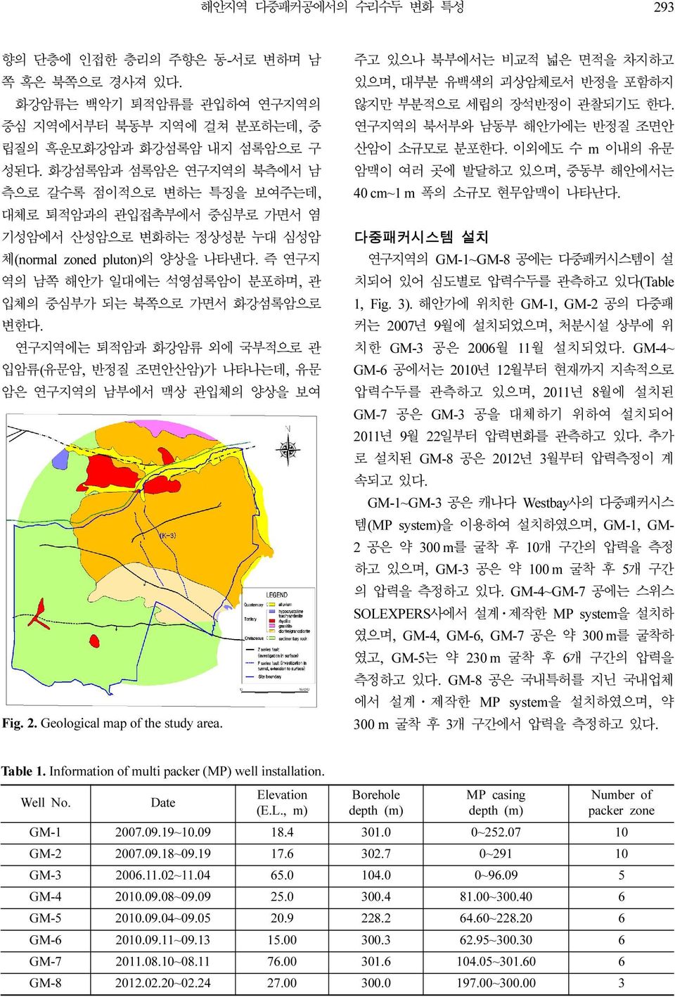 즉 연구지 역의 남쪽 해안가 일대에는 석영섬록암이 분포하며, 관 입체의 중심부가 되는 북쪽으로 가면서 화강섬록암으로 변한다. 연구지역에는 퇴적암과 화강암류 외에 국부적으로 관 입암류(유문암, 반정질 조면안산암)가 나타나는데, 유문 암은 연구지역의 남부에서 맥상 관입체의 양상을 보여 Fig. 2. Geological map of the study area.