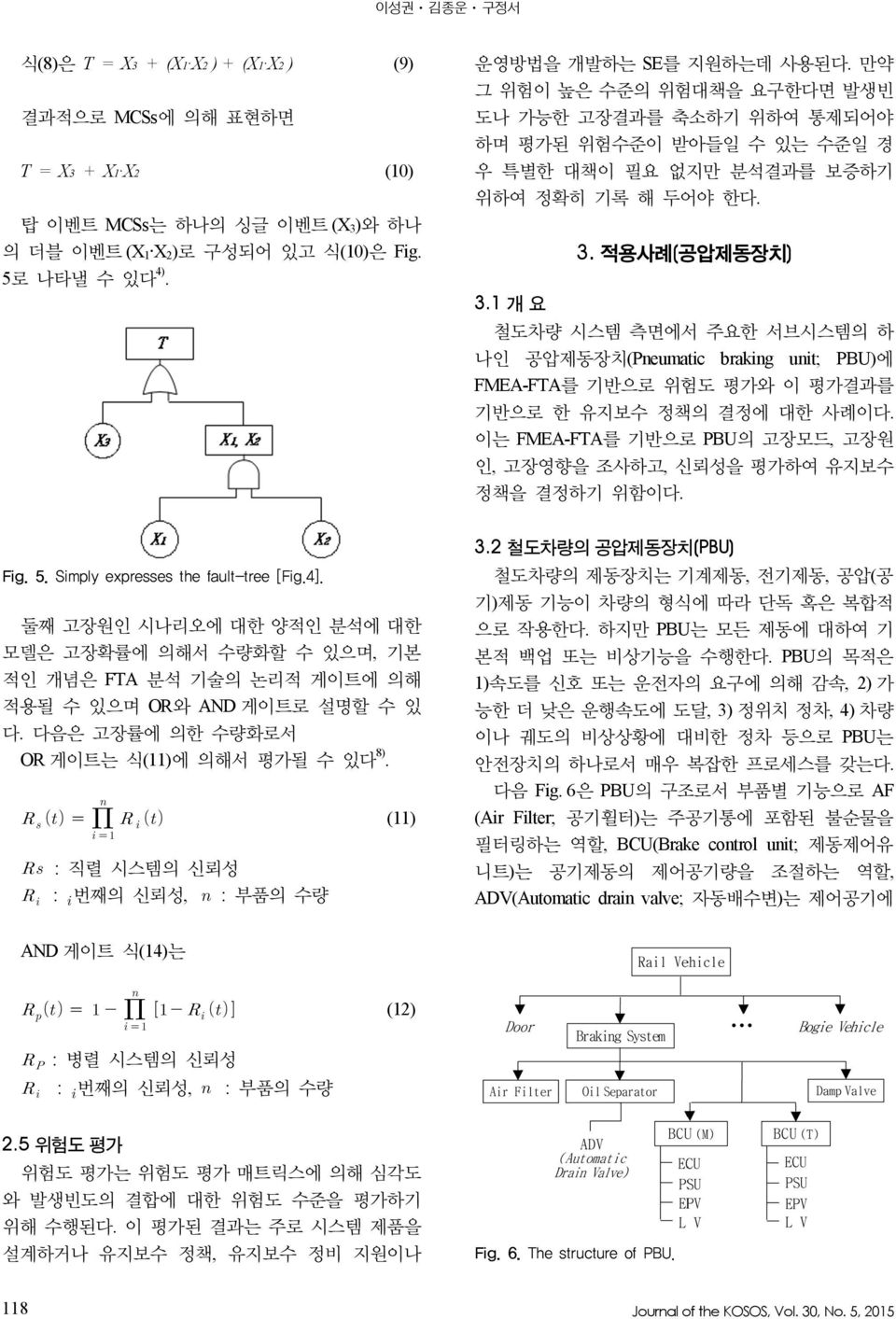 적용사례(공압제동장치) 철도차량 시스템 측면에서 주요한 서브시스템의 하 나인 공압제동장치(Pneumatic braking unit; PBU)에 FMEA-FTA를 기반으로 위험도 평가와 이 평가결과를 기반으로 한 유지보수 정책의 결정에 대한 사례이다.