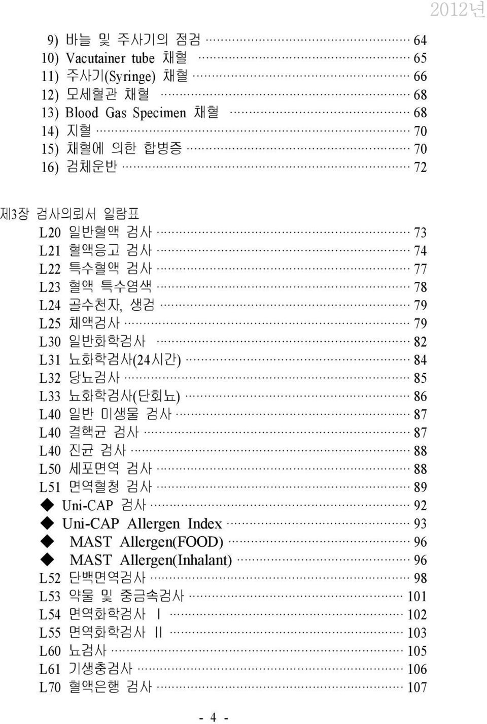 85 L33 뇨화학검사 ( 단회뇨) 86 L40 일반 미생물 검사 87 L40 결핵균 검사 87 L40 진균 검사 88 L50 세포면역 검사 88 L51 면역혈청 검사 89 Uni-CAP 검사 92 Uni-CAP Allergen Index 93 MAST