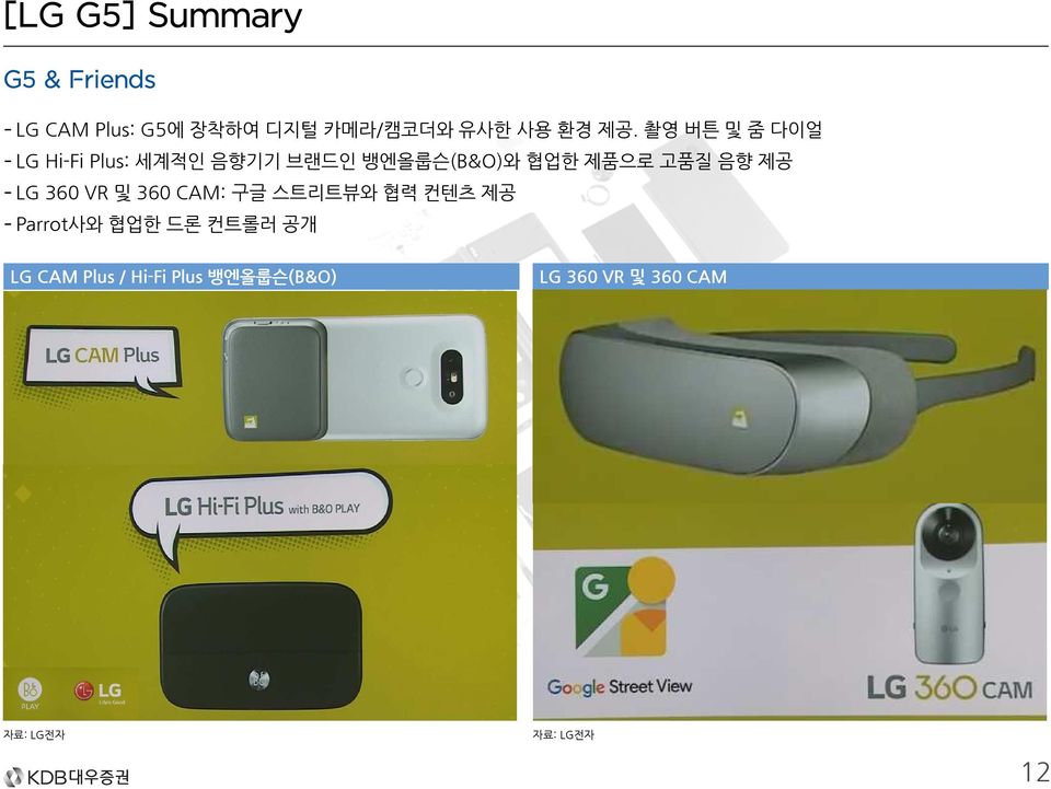 음향 제공 - LG 360 VR 및 360 CAM: 구글 스트리트뷰와 협력 컨텐츠 제공 - Parrot사와 협업한 드론 컨트롤러 공개