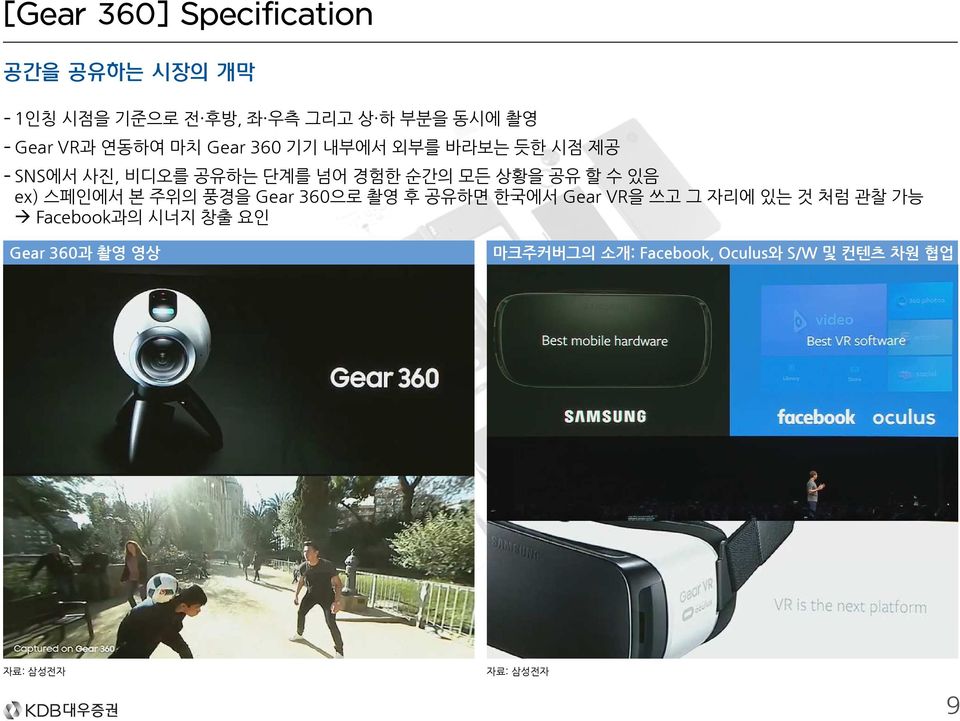 모든 상황을 공유 할 수 있음 ex) 스페인에서 본 주위의 풍경을 Gear 360으로 촬영 후 공유하면 한국에서 Gear VR을 쓰고 그 자리에 있는 것 처럼