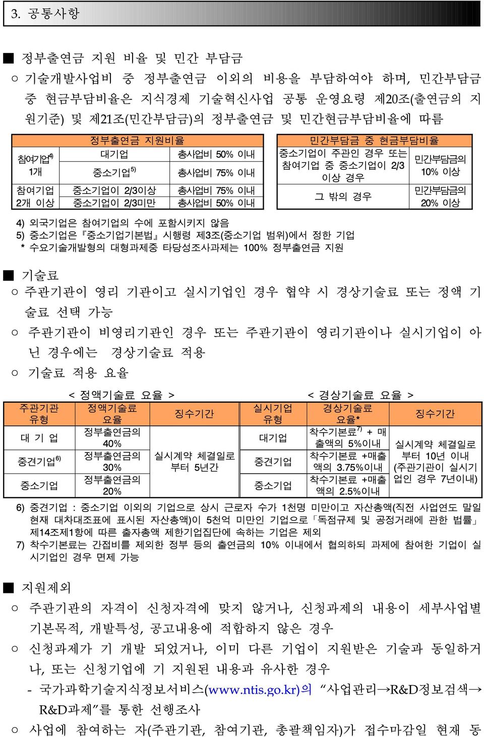 중소기업기본법 시행령 제3조(중소기업 범위)에서 정한 기업 * 수요기술개발형의 대형중 타당성조사는 100% 정부출연금 지원 기술료 주관기관이 영리 기관이고 실시기업인 경우 협약 시 경상기술료 또는 정액 기 술료 선택 가능 주관기관이 비영리기관인 경우 또는 주관기관이 영리기관이나 실시기업이 아 닌 경우에는 기술료 적용 요율 주관기관 유형 대 기 업 중견기업