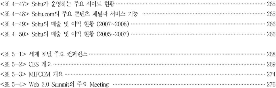 266 < 표 4-50> Sohu 의 매출 및 이익 현황 (2005~2007) 266 < 표 5-1> 세계 포털 주요