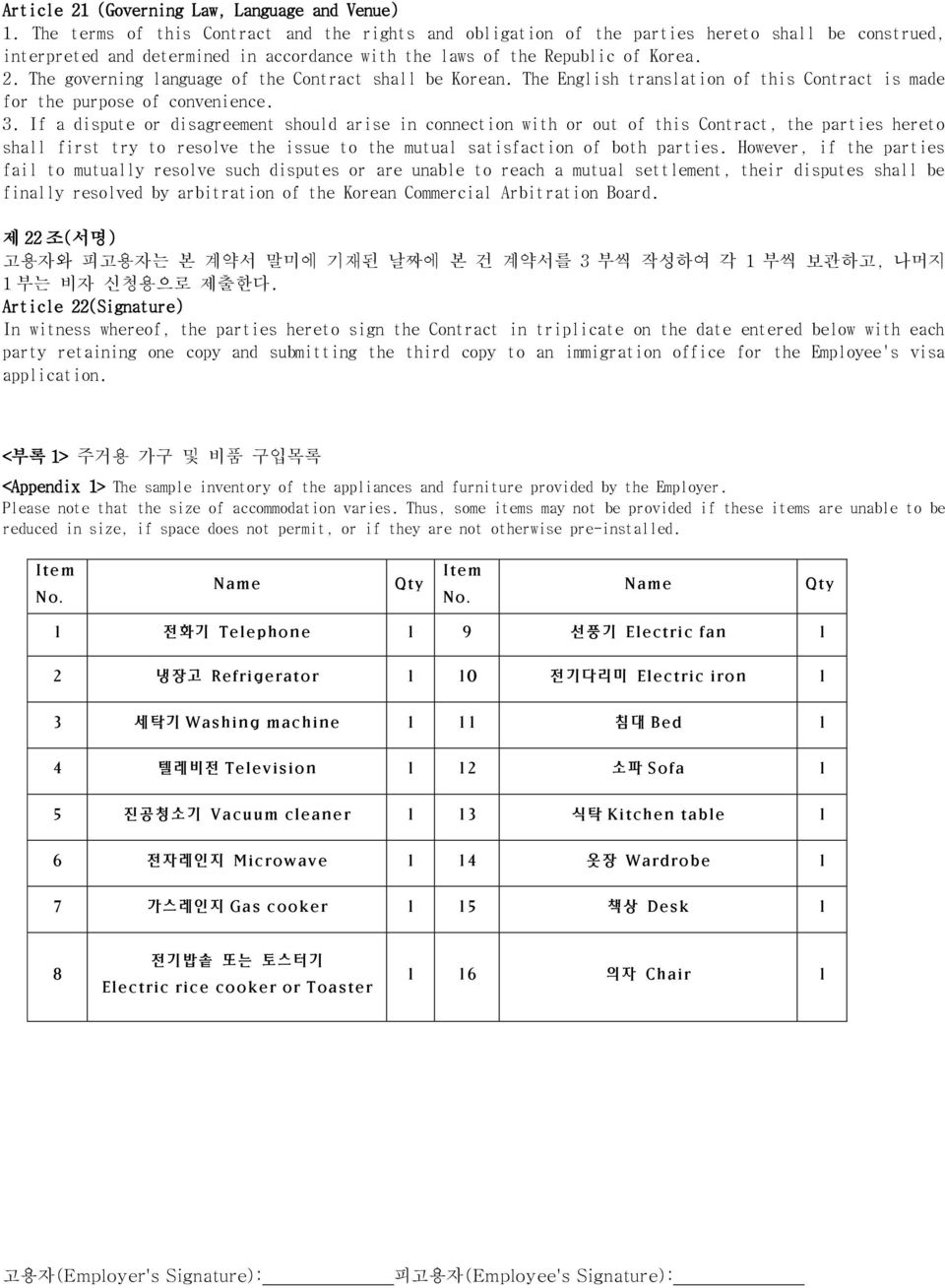 The governing language of the Contract shall be Korean. The English translation of this Contract is made for the purpose of convenience. 3.