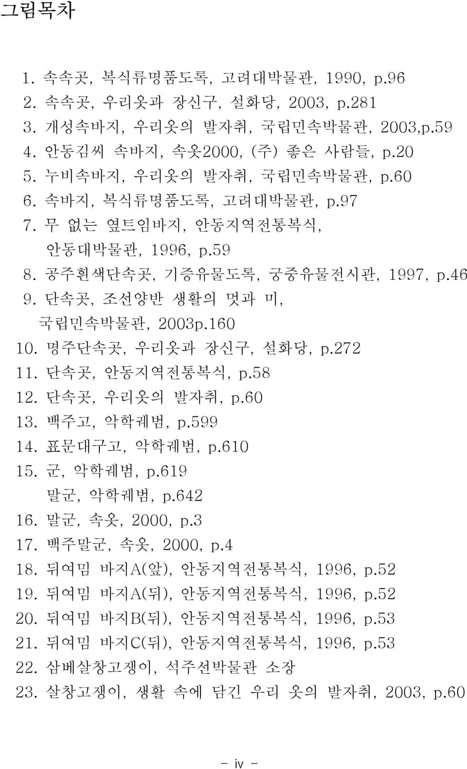 단속곳, 안동지역전통복식, p.58 12. 단속곳, 우리옷의 발자취, p.60 13. 백주고, 악학궤범, p.599 14. 표문대구고, 악학궤범, p.610 15. 군, 악학궤범, p.619 말군, 악학궤범, p.642 16. 말군, 속옷, 2000, p.3 17. 백주말군, 속옷, 2000, p.4 18.