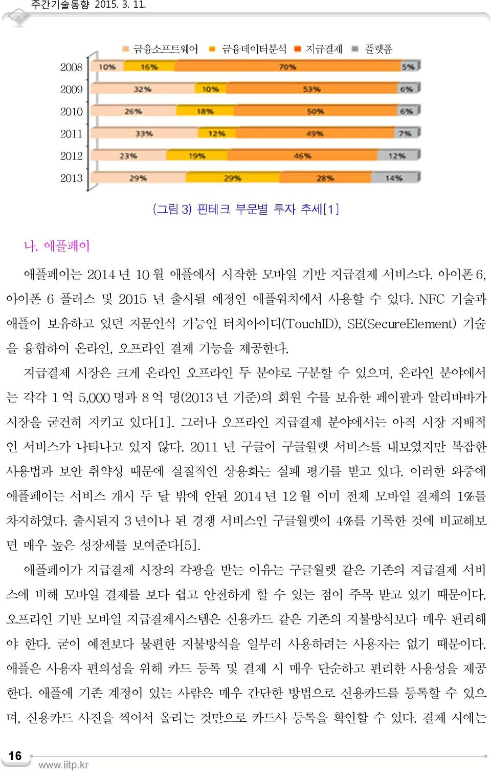 지급결제 시장은 크게 온라인 오프라인 두 분야로 구분할 수 있으며, 온라인 분야에서 는 각각 1 억 5,000 명과 8 억 명(2013 년 기준)의 회원 수를 보유한 페이팔과 알리바바가 시장을 굳건히 지키고 있다[1]. 그러나 오프라인 지급결제 분야에서는 아직 시장 지배적 인 서비스가 나타나고 있지 않다.