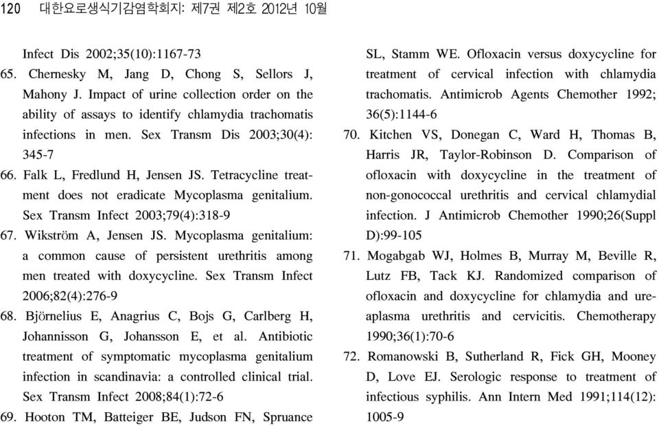 Tetracycline treatment does not eradicate Mycoplasma genitalium. Sex Transm Infect 2003;79(4):318-9 67. Wikström A, Jensen JS.