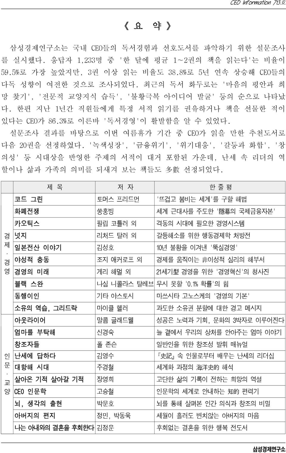 설문조사 결과를 바탕으로 이번 여름휴가 기간 중 CEO가 읽을 만한 추천도서로 다음 20권을 선정하였다. '녹색성장', '금융위기', '위기대응', '갈등과 화합', '창 의성' 등 시대상을 반영한 주제의 서적이 대거 포함된 가운데, 난세 속 리더의 역 할이나 삶과 가족의 의미를 되새겨 보는 책들도 多 數 선정되었다.