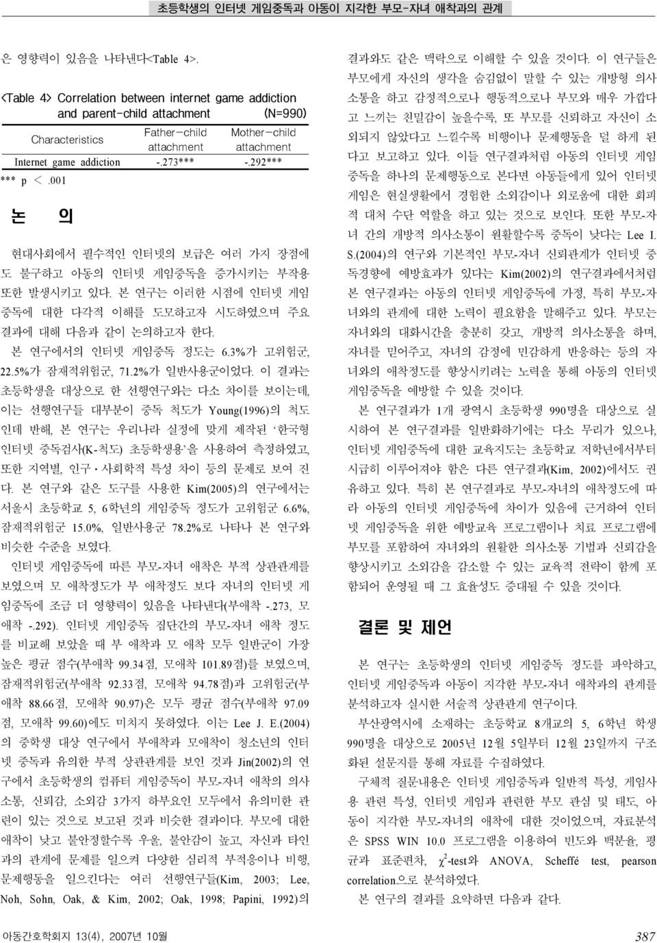 292*** *** p <.001 논 의 현대사회에서 필수적인 인터넷의 보급은 여러 가지 장점에 도 불구하고 아동의 인터넷 게임중독을 증가시키는 부작용 또한 발생시키고 있다. 본 연구는 이러한 시점에 인터넷 게임 중독에 대한 다각적 이해를 도모하고자 시도하였으며 주요 결과에 대해 다음과 같이 논의하고자 한다. 본 연구에서의 인터넷 게임중독 정도는 6.