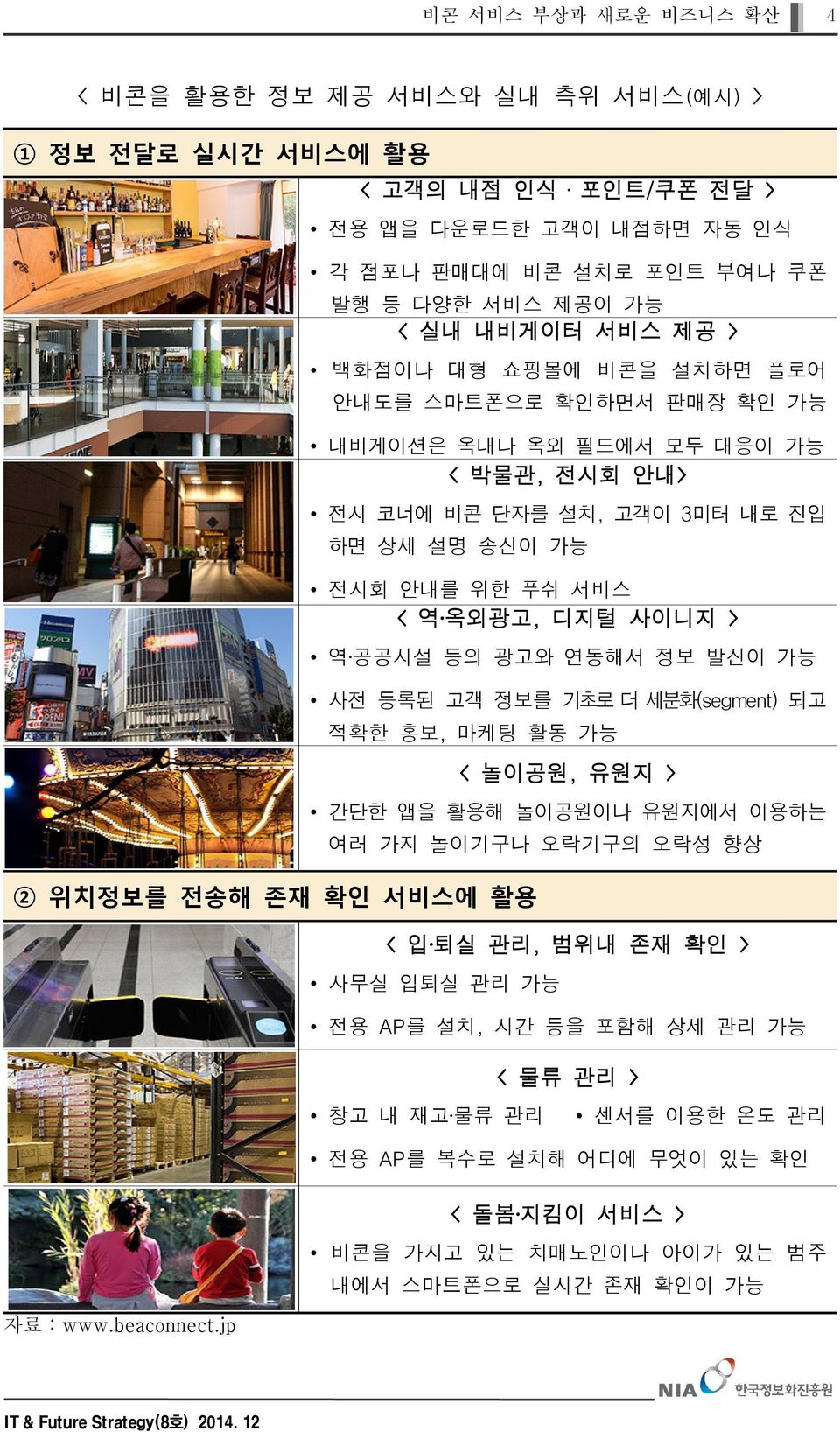 공공시설 등의 광고와 연동해서 정보 발신이 가능 사전 등록된 고객 정보를 기초로 더 세분화(segment) 되고 적확한 홍보, 마케팅 활동 가능 < 놀이공원, 유원지 > 간단한 앱을 활용해 놀이공원이나 유원지에서 이용하는 여러 가지 놀이기구나 오락기구의 오락성 향상 2 위치정보를 전송해 존재 확인 서비스에 활용 < 입 퇴실 관리, 범위내 존재 확인 >