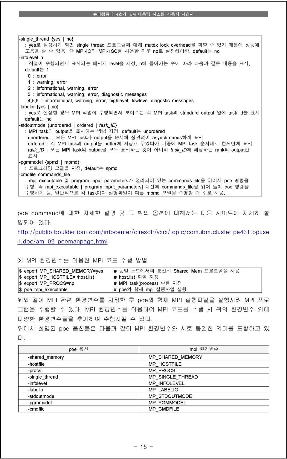 diagnostic messages 4,5,6 : informational, warning, error, highlevel, lowlevel diagostic messages -labelio {yes no} : yes로 설정할 경우 MPI 작업이 수행되면서 보여주는 각 MPI task의 standard output 앞에 task id를 표시