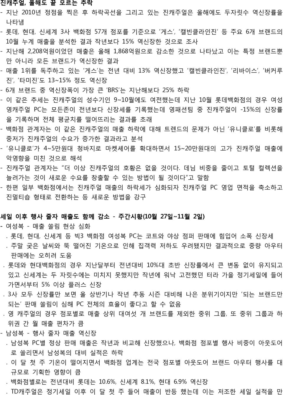 9~10월에도 여전했는데 지난 10월 롯데백화점의 경우 여성 영캐주얼 PC는 모든존이 전년보다 신장세를 기록했는데 영패션팀 중 진캐주얼이 -15%의 신장률 을 기록하며 전체 평균치를 떨어뜨리는 결과를 초래 - 백화점 관계자는 이 같은 진캐주얼의 매출 하락에 대해 트렌드의 문제가 아닌 유니클로 를 비롯해 중저가 진캐주얼의 수요가 증가한 결과라고 분석 -