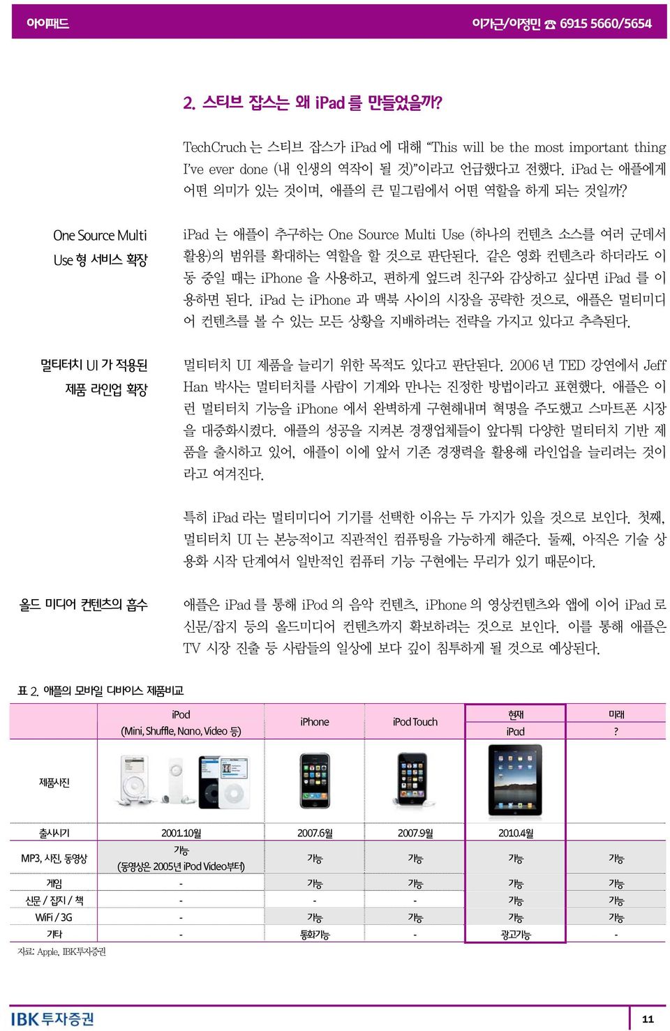 같은 영화 컨텐츠라 하더라도 이 동 중일 때는 iphone 을 사용하고, 편하게 엎드려 친구와 감상하고 싶다면 ipad 를 이 용하면 된다. ipad 는 iphone 과 맥북 사이의 시장을 공략한 것으로, 애플은 멀티미디 어 컨텐츠를 볼 수 있는 모든 상황을 지배하려는 전략을 가지고 있다고 추측된다.