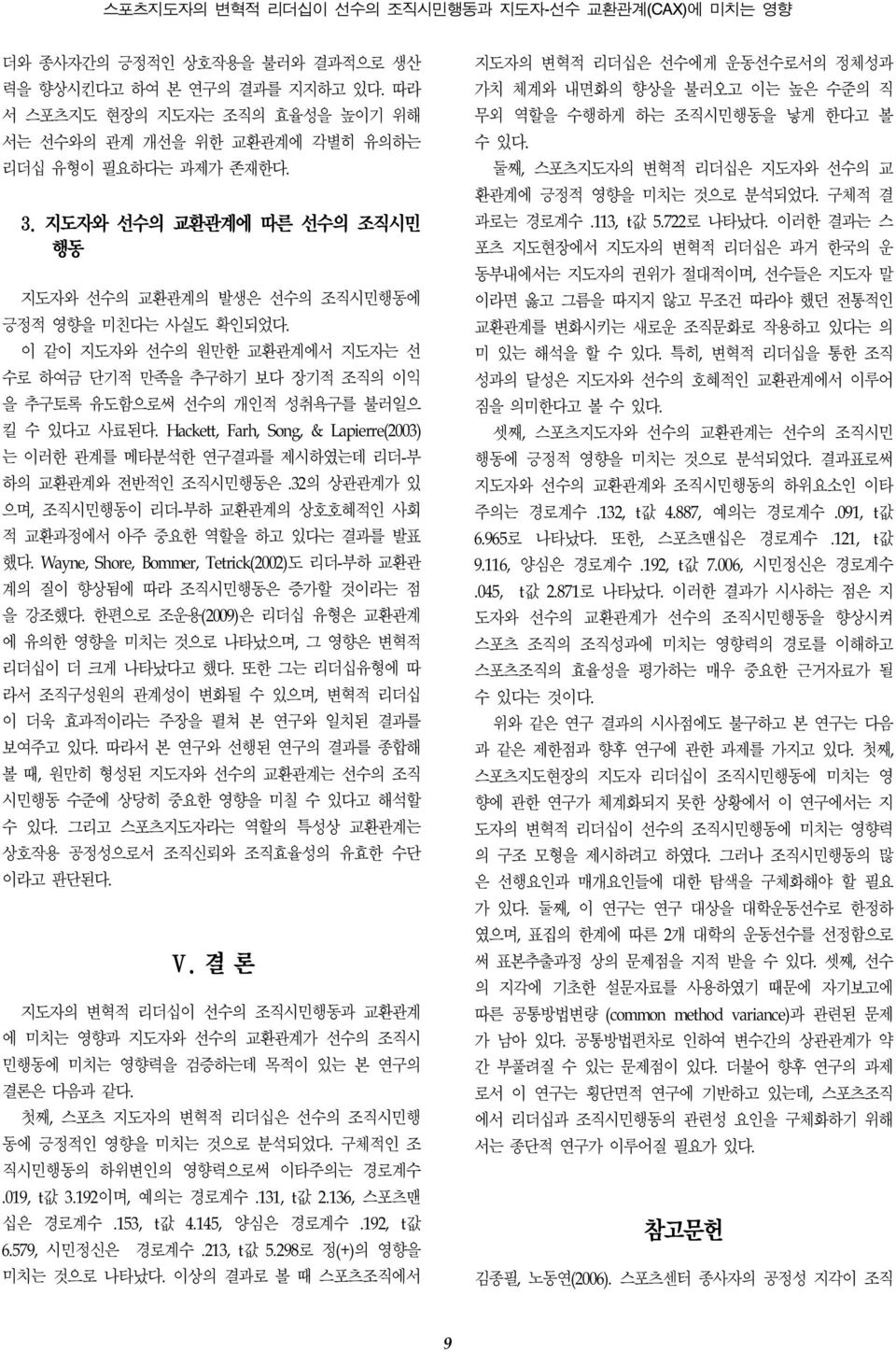 이 같이 지도자와 선수의 원만한 교환관계에서 지도자는 선 수로 하여금 단기적 만족을 추구하기 보다 장기적 조직의 이익 을 추구토록 유도함으로써 선수의 개인적 성취욕구를 불러일으 킬 수 있다고 사료된다.