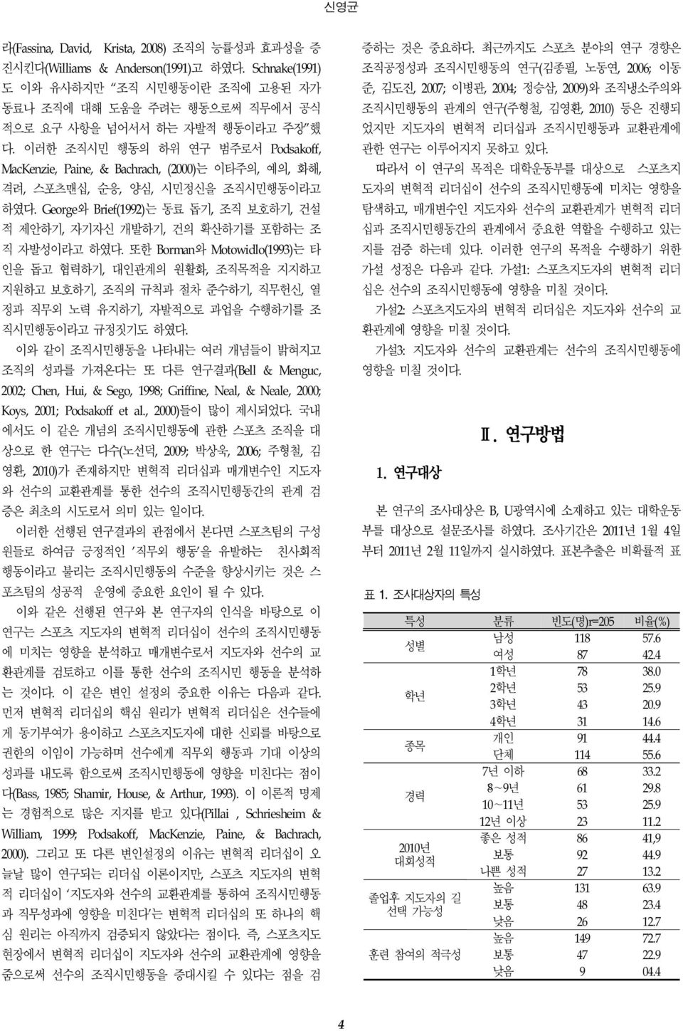 이러한 조직시민 행동의 하위 연구 범주로서 Podsakoff, MacKenzie, Paine, & Bachrach, (2000)는 이타주의, 예의, 화해, 격려, 스포츠맨십, 순응, 양심, 시민정신을 조직시민행동이라고 하였다.