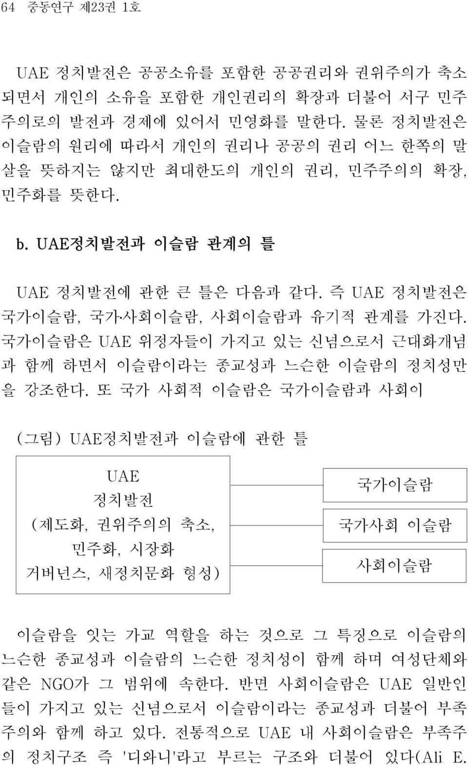 즉 UAE 정치발전은 국가이슬람, 국가 사회이슬람, 사회이슬람과 유기적 관계를 가진다. 국가이슬람은 UAE 위정자들이 가지고 있는 신념으로서 근대화개념 과 함께 하면서 이슬람이라는 종교성과 느슨한 이슬람의 정치성만 을 강조한다.