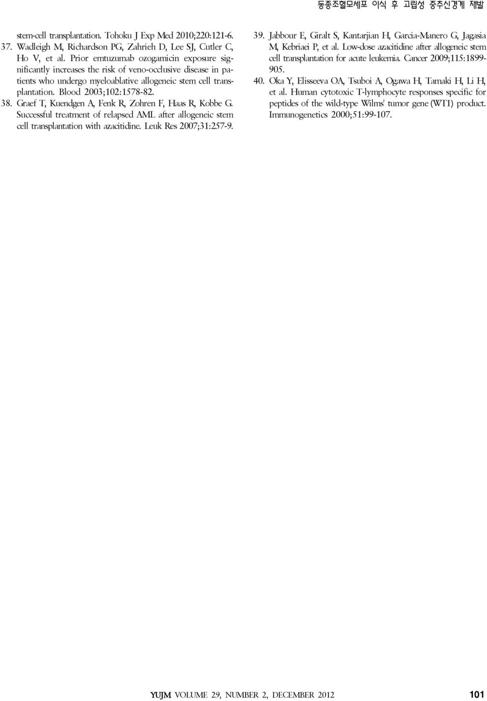 Graef T, Kuendgen A, Fenk R, Zohren F, Haas R, Kobbe G. Successful treatment of relapsed AML after allogeneic stem cell transplantation with azacitidine. Leuk Res 2007;31:257-9. 39.