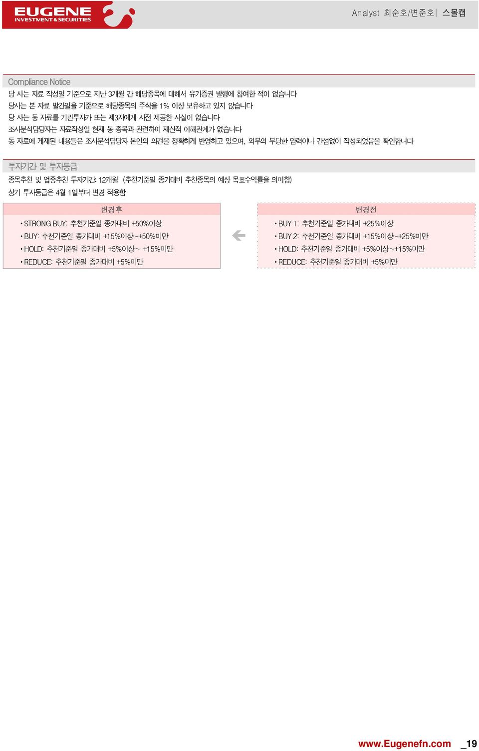 12개월 (추천기준일 종가대비 추천종목의 예상 목표수익률을 의미함) 상기 투자등급은 4월 1일부터 변경 적용함 변경후 ㆍSTRONG BUY: 추천기준일 종가대비 +5%이상 ㆍBUY: 추천기준일 종가대비 +15%이상~+5%미만 ㆍHOLD: 추천기준일 종가대비 +5%이상 +15%미만