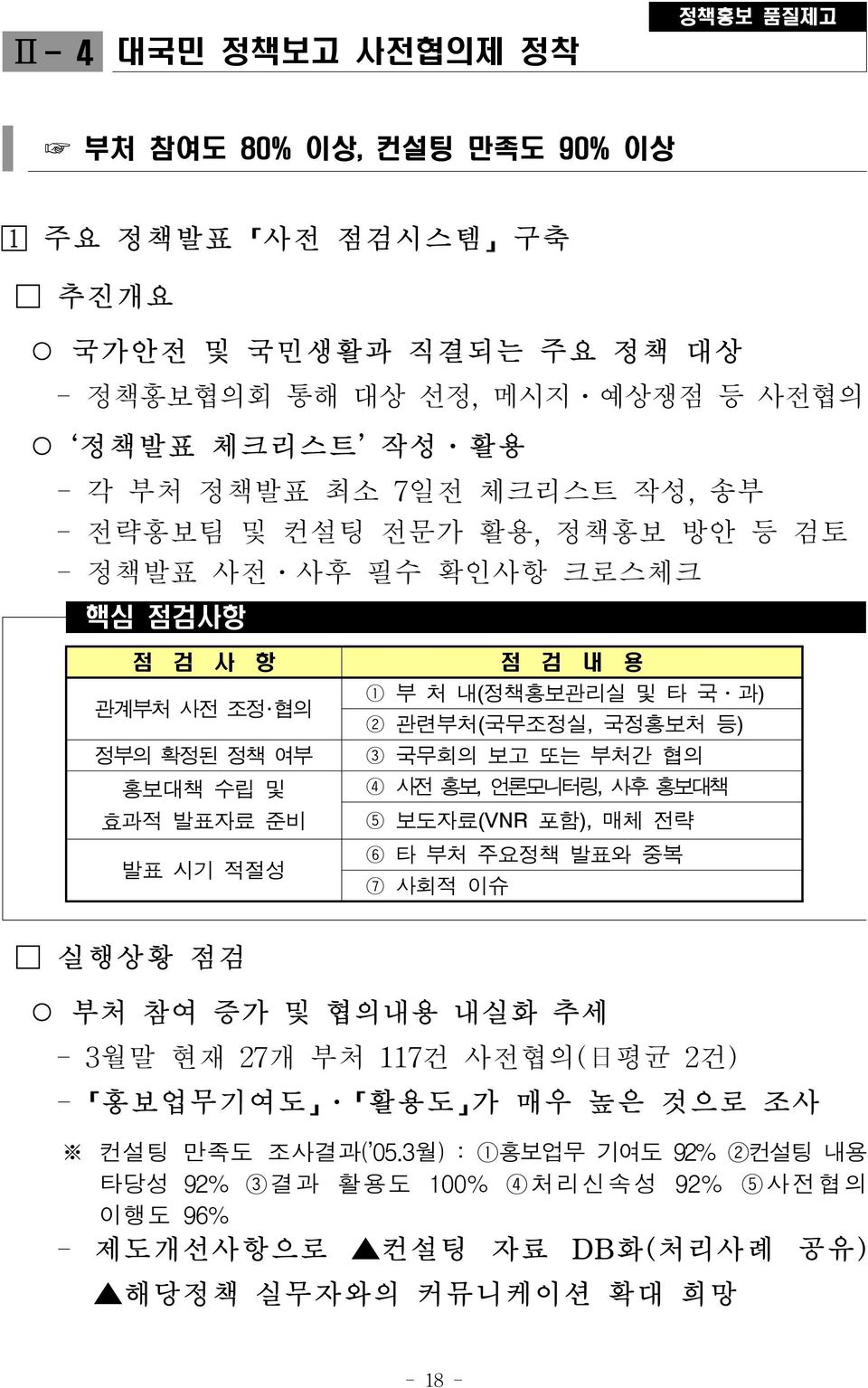 보고 또는 부처간 협의 홍보대책 수립 및 효과적 발표자료 준비 4 사전 홍보, 언론모니터링, 사후 홍보대책 5 보도자료(VNR 포함), 매체 전략 발표 시기 적절성 6 타 부처 주요정책 발표와 중복 7 사회적 이슈 실행상황 점검 부처 참여 증가 및 협의내용 내실화 추세 - 3월말 현재 27개 부처 117건 사전협의( 日 평균 2건) - 홍