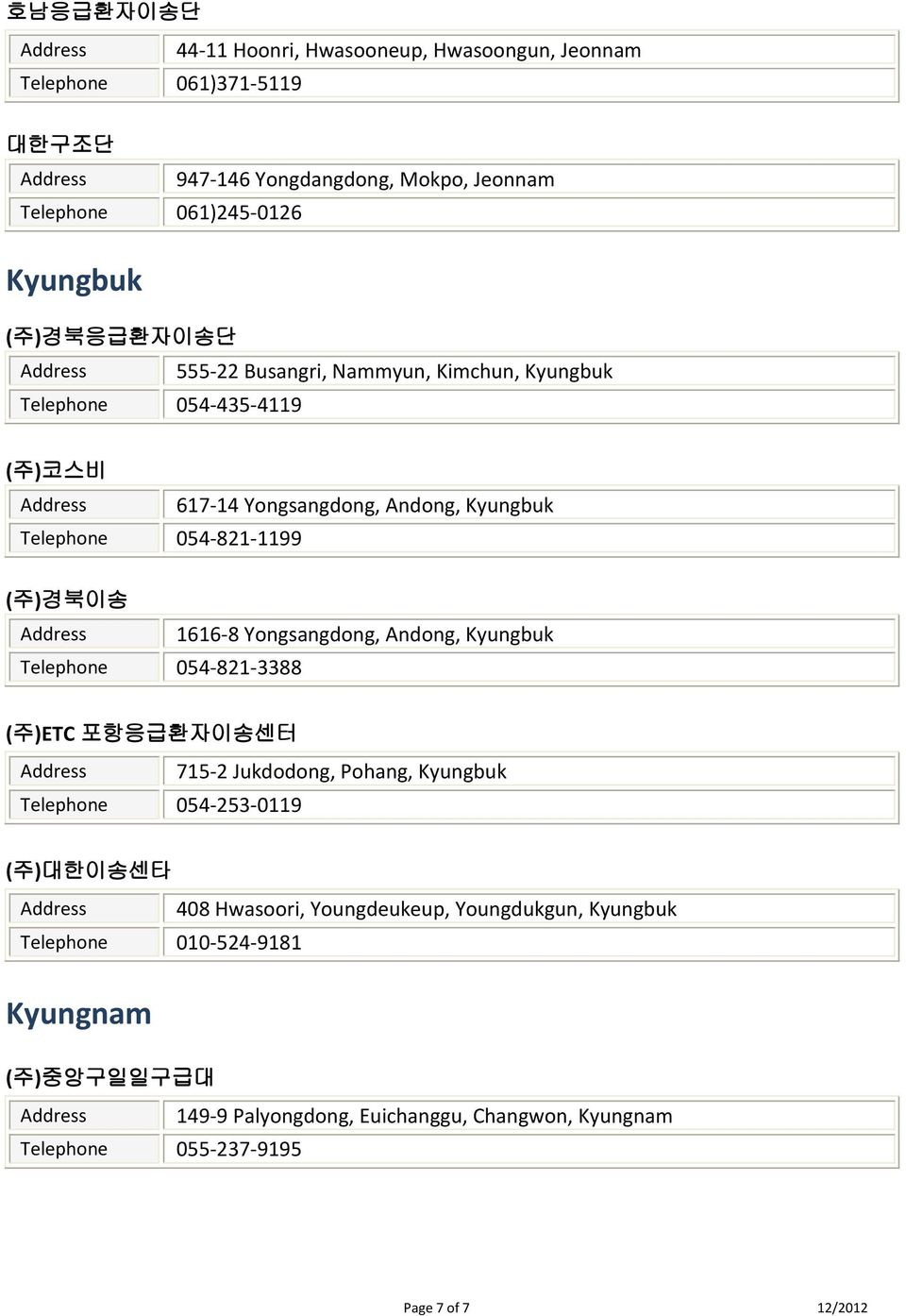 Address 1616-8 Yongsangdong, Andong, Kyungbuk Telephone 054-821-3388 (주)ETC 포항응급환자이송센터 Address 715-2 Jukdodong, Pohang, Kyungbuk Telephone 054-253-0119 (주)대한이송센타 Address 408